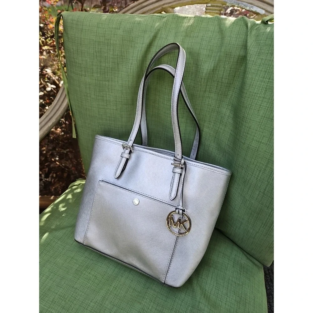 Michael Kors Jet Set Silver Metallic Tote Bag Purse Satchel MK‎ Logo Large